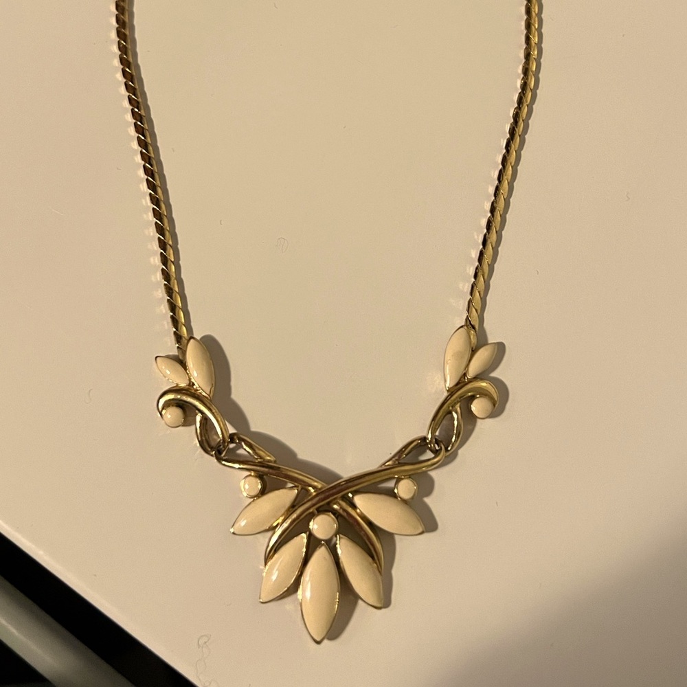 Trifari white enamel and gold tone costume necklace